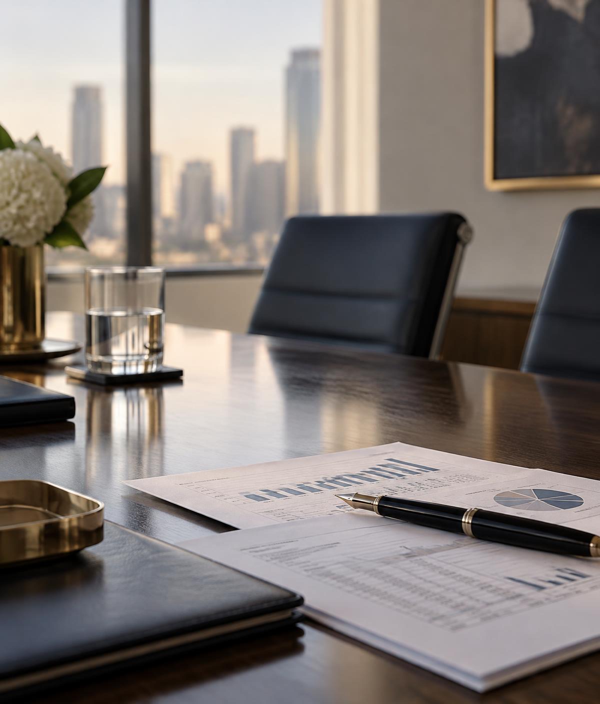 Boardroom table with financial reports and a fountain pen
